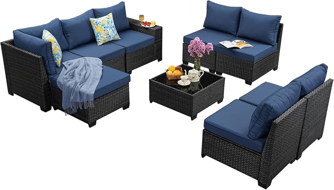 9 Pieces Outdoor Patio Furniture Set, Wicker Conversation Sets with Tea Table, Rattan Patio Sofa with Thick Cushions for Garden, Backyard Porch, Poolside,Navy