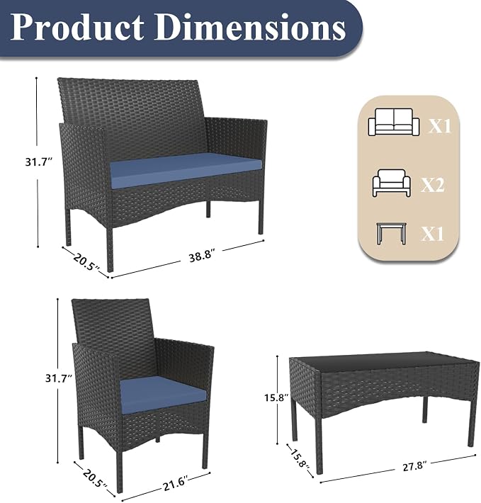 ALAULM 4 Pieces Patio Furnitrue Set Outdoor Patio Conversation Set Wicker Chairs w/Soft Cushions and Glass Coffee Table Outdoor Settees for Backyard, Porch, Poolside(Dark Blue)