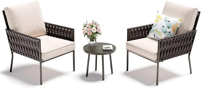 JOYURE 3-Piece Patio Furniture Set, Armchairs with Coffee Table,Modern Wicker Outdoor Conversation Set with Waterproof Thick Cushion for Deck,Backyard,Porch,Beige
