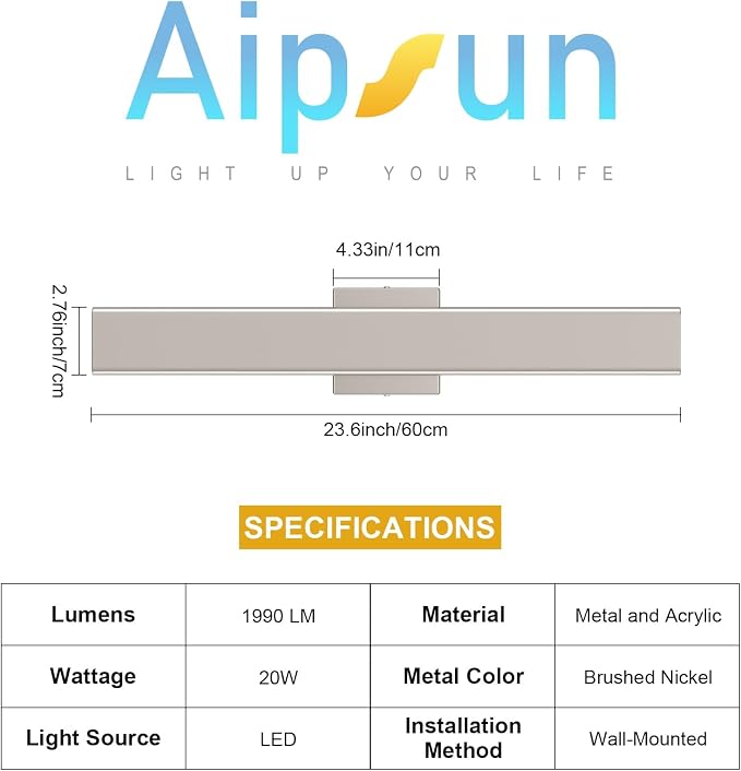 Aipsun 2 Packs Nickel Outdoor Wall Light 23.6inch Modern LED Exterior Wall Sconce, Long LED Linear Exterior Lights 3000K 4000K 6000K for Entrance, Hallway, Garage, Porch(3CCT)