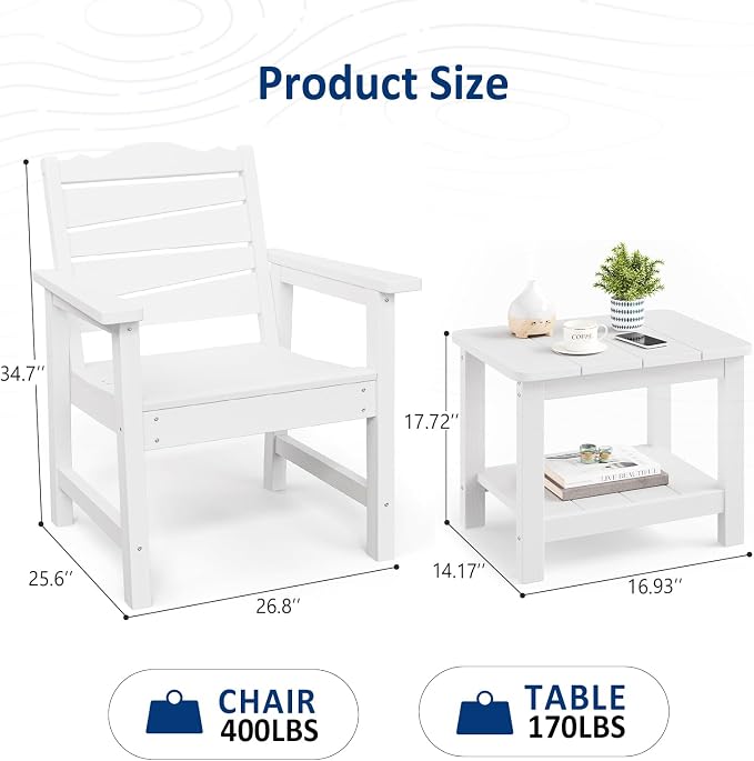 Patio Chairs Set, 3 Pieces Weatherproof HIPS Outdoor Furniture, Patio Chairs Conversation Sets with Side Table for Garden Porch Lawn & Backyard(White)