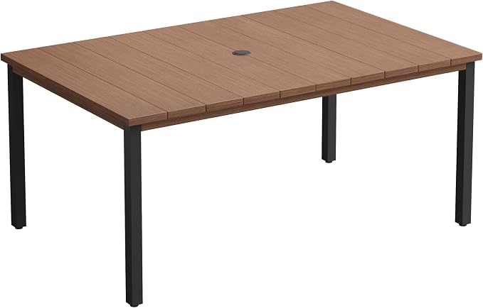 Outdoor Dining Table for 6, 63" Rectangle Outdoor Table with Adjustable Umbrella Hole, All-Weather Metal Patio Dining Table for Lawn Garden Backyard Deck, Walnut
