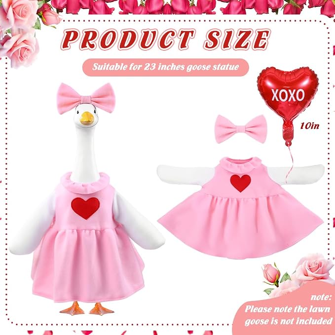 Valentine's Day Goose Outfit with Balloon for 23" Porch Goose Holiday Pink Red Heart Cloths Costume Valentines Party Outdoor Garden Patio Yard Lawn Art Decoration