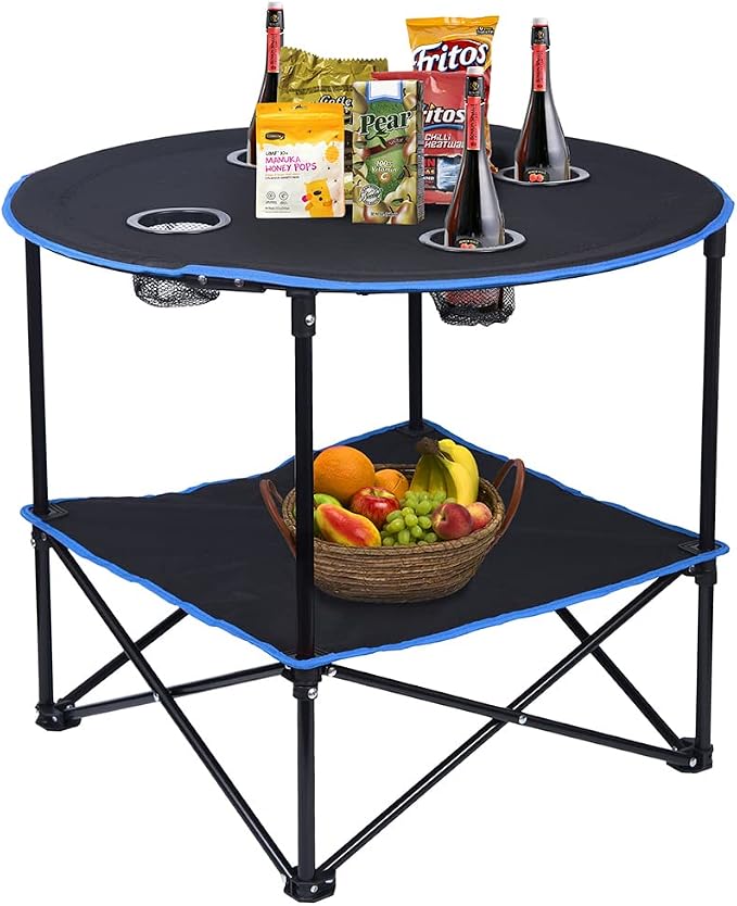 LEADALLWAY Folding Picnic Table Outdoor Camping Table Canvas Travel Table | Portable, Collapsible 4 Cup Holders and Carrying Bags, for Outdoor Picnic,Barbecue,Travel,Fishing (Black+Blue)