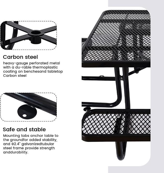 46" Square Metal Picnic Table for 4-8 Person, Durable Heavy Duty Commercial Picnic Table with Umbrella Hole for Outdoor Coffee Shop, School, Hospital, Easy to Install, Black