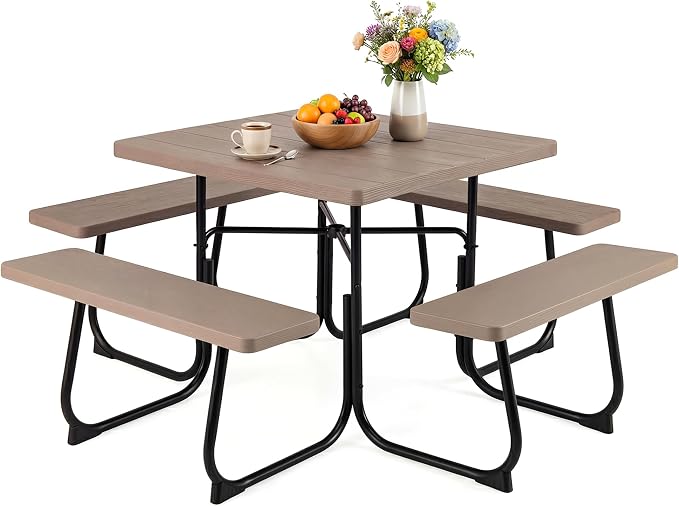GYMAX Picnic Table Bench with Umbrella Hole, 8 Person Square Outdoor Picnic Table with Metal Frame & HDPE Tabletop, Camping Table for BBQ Yard Patio, 2300LBS Capacity (Coffee)