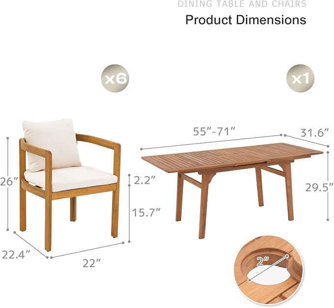 SUNSITT 7-Piece Outdoor Patio Dining Set, 55" - 71" Acacia Wood Expandable Outdoor Table Set with Umbrella Hole, 6 Curved Patio Arm Chairs w/Removable Cushions for Backyard, Porch, Deck
