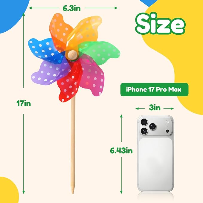 IilLittle 10 Pack Rainbow Pinwheel, Pinwheels for Kids | Assembly Instructions Included, Easy Assembly, Wooden Pole, PP Plastic, Waterproof, Sturdy