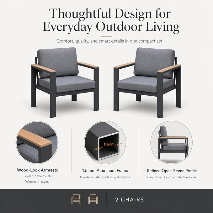 Outdoor Patio Chairs Set of 2, Aluminum Patio Furniture Chairs with 5-Inch Water-Resistant Cushions, Powder-Coated Frame for Porch, Deck, Backyard, Poolside, Gray
