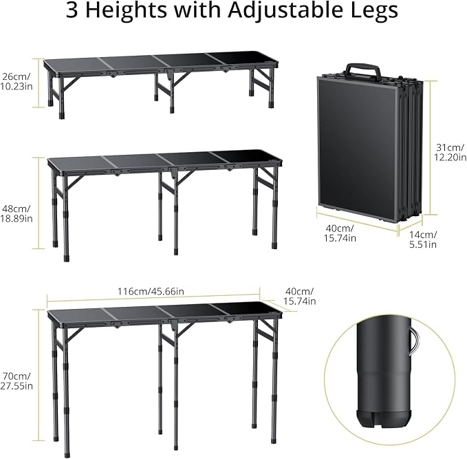 Anbte 4-Fold Camping Table with Storage Net, 3 Adjustable Height Max 27.5” | 4ft Aluminum Portable Table, Portable & Compact, 46” x 16”, for Picnic Beach Outdoor Indoor Backyard RV Travel, Black