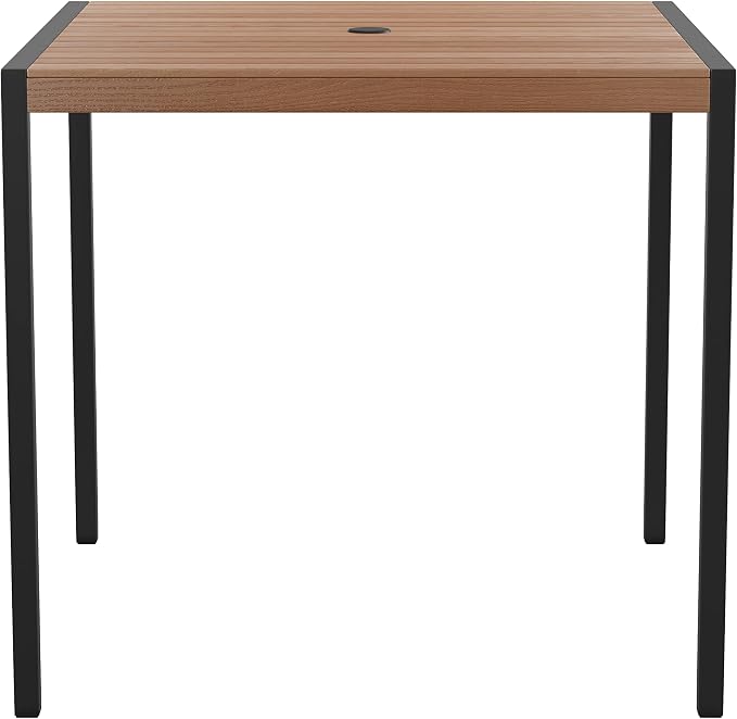 Flash Furniture Lark Outdoor Steel Dining Table - Faux Teak Poly Slatted Top - Commercial Grade Dining Table with Black Frame - 35" Square - Umbrella Holder Hole