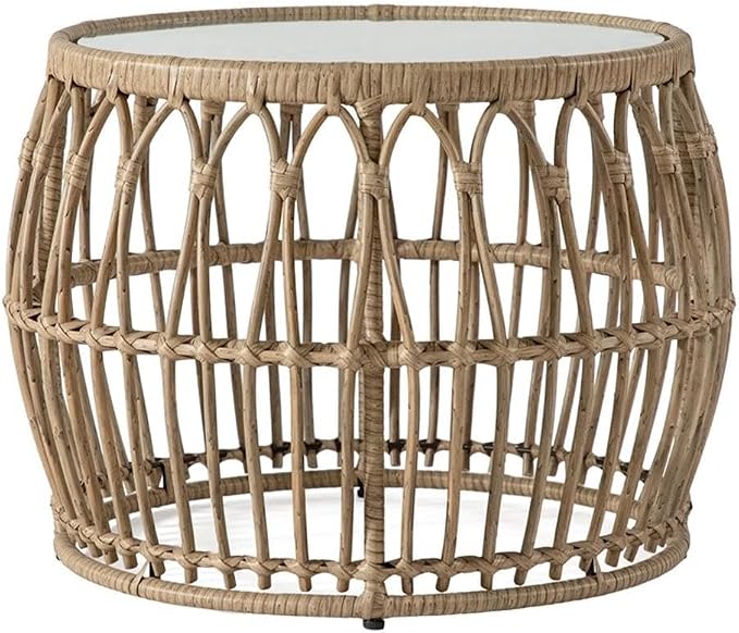 MAKLAINE Round Outdoor Coffee Table, Natural Finish, PE Wicker Rattan with Tempered Glass Top, 21.65" Diameter x 15.75" Height, Boho Coastal Style, Durable Patio or Indoor Furniture