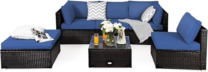 COSTWAY 6-Piece Outdoor Patio Furniture Set, Rattan Sectional Sofa Set with Tempered Glass Coffee Table, Cushions and Ottoman for Garden, Deck, Backyard (Navy)