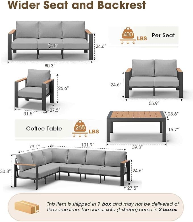 Aluminum Outdoor Patio Furniture Loveseat, All Weather Patio Conversation Sets with Washable Thick Cushion, Morden Patio Furniture Set for Porch, Balcony, Deck, Yard,Gray
