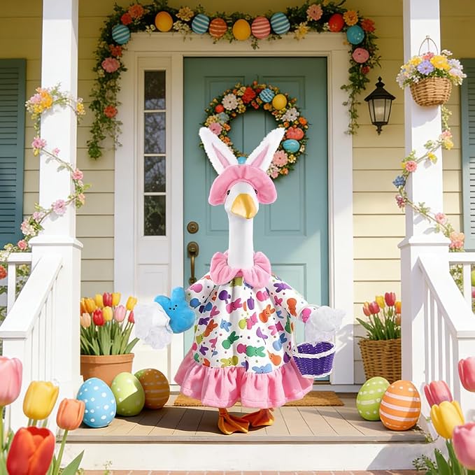 Easter Goose Outfit with Purple Basket for 23" Porch Goose Holiday Bunny Hat Costume Easter Party Outdoor Garden Patio Yard Lawn Art Decoration