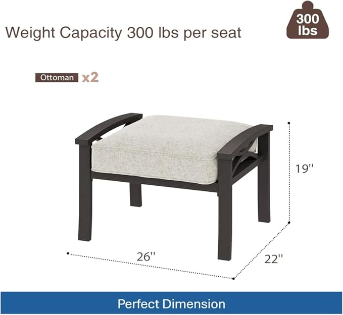 Hassyee 2 Pieces All-Weather Metal Outdoor Conversation Set with Coffee Table and Removable Cushions for Balcony, Patio Furniture Set with Modern Curved Design for Backyard, Lawn (2 Ottomans)