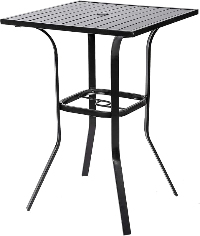Patio Bar Table, Outdoor Bar Height Bistro Table with Umbrella Hole, Metal Frame and Slat Design, Black