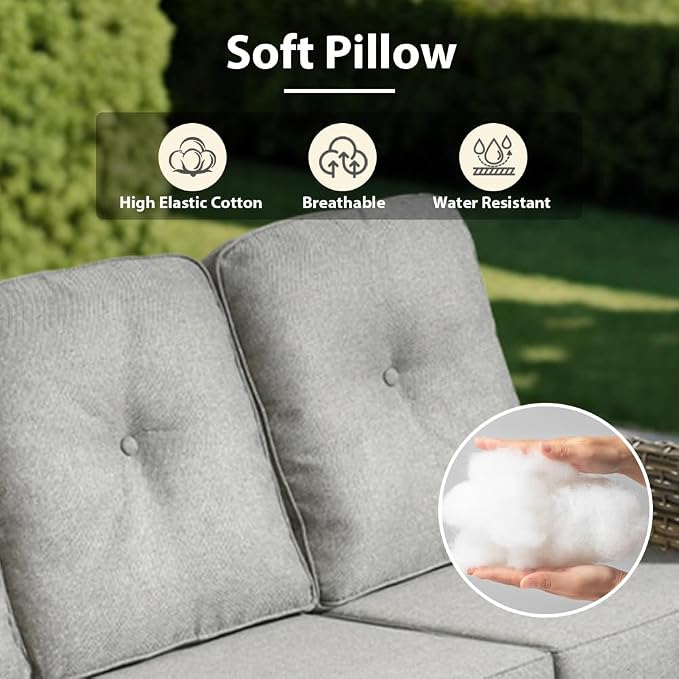 7 Pieces Patio Sectional Furniture Set, Outdoor Wicker Sectional Couch with Solar Lights Table, Modern Conversation Set for Porch Balcony Backyard, Dark Gray