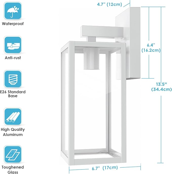 MAXvolador Outdoor Wall Sconce, Exterior Waterproof Lantern Light Fixtures, White Porch Light Toughened Glass, Anti-Rust E26 Patio Lighting, 2 Pack | White Porch Wall Lights, Anti-Rust, E26 Socket, Clear Glass Outside Wall Mount Sconces, Front Door Lig...