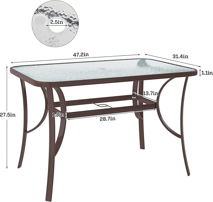 SDHYL 47-Inch Outdoor Dining Table with Tempered Glass Top – Patio Table with Umbrella Hole, Heavy Duty Steel Frame, Weather-Resistant Brown Finish for Garden, Poolside & Backyard