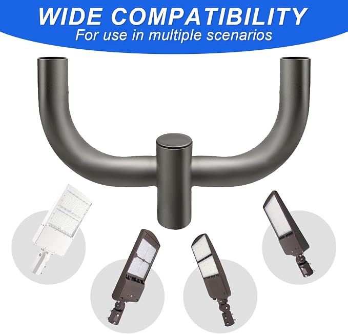 90 Degree Quad Bullhorn Tenon Adapte with 2 Arms for Round Pole,Slip Fitter Round Bullhorn Bracket for 2 Lighting Fixture,Slip Fit Mount Pole Area Parking Lot Light Mounting