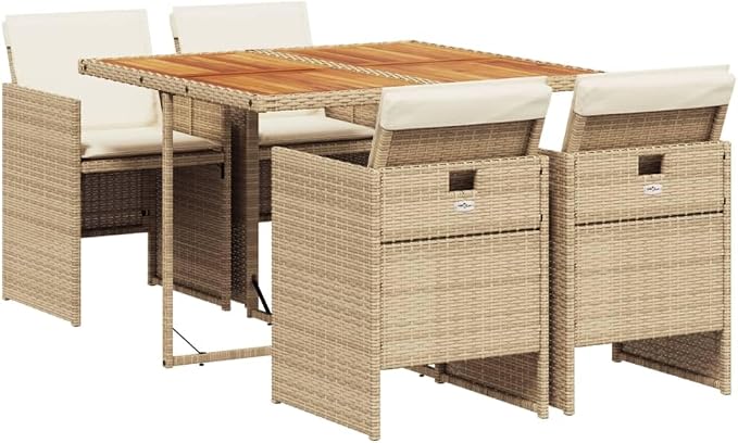5 Piece Patio Dining Set with Cushions Beige Poly Rattan Outdoor Space Saving Table and Chairs for Backyard Garden Deck Seating