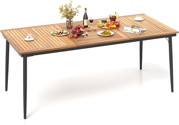 RELAX4LIFE Wooden Outdoor Dining Table for 8, 79’’ Acacia Wood Patio Table w/2’’ Umbrella Hole, Slatted Tabletop & Metal Legs, Indoor Outdoor Rectangular Picnic Table, 8-Person Patio Dining Table