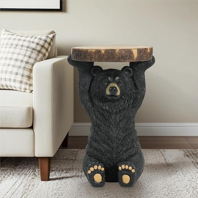 Black Bear Side Table Pedestal End Table Stool, MGO Bear Statue Hand Painted Sculpture for Home, Office, Living Room & Outdoor Decor,No Assembly Required