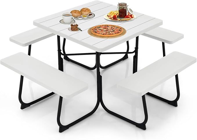 Square Picnic Table for 8 Person, Outside Table Bench Set w/ 4 Built-in Benches, Umbrella Hole, HDPE Top & Metal Frame, 2000LBS Capacity Outdoor Picnic Table for Garden, Porch, Patio (White)