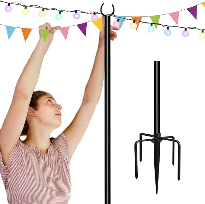 10ft String Light Pole for Soil Lawn, Light Pole for Outdoor String Light, Perfect for Garden, Backyard, and Patio Lighting Stand for Parties, Wedding - Matte Black Finish - 1 Pack