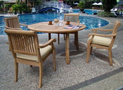 New 5 Pc Luxurious Grade-A Teak Dining Set - 48" Round Table and 4 Stacking Arbor Arm Chairs #WHDSAB3