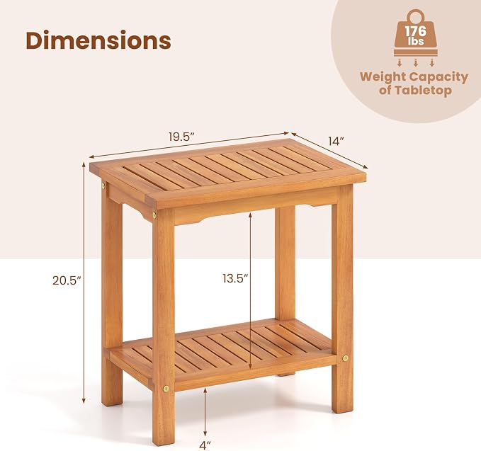 Tangkula Outdoor Side Table, 2-Tier Patio End Table with Slatted Tabletop & Storage Shelf, Acacia Wood Accent Bistro Table for Backyard, Poolside, Garden, Indoor, Natural (2)