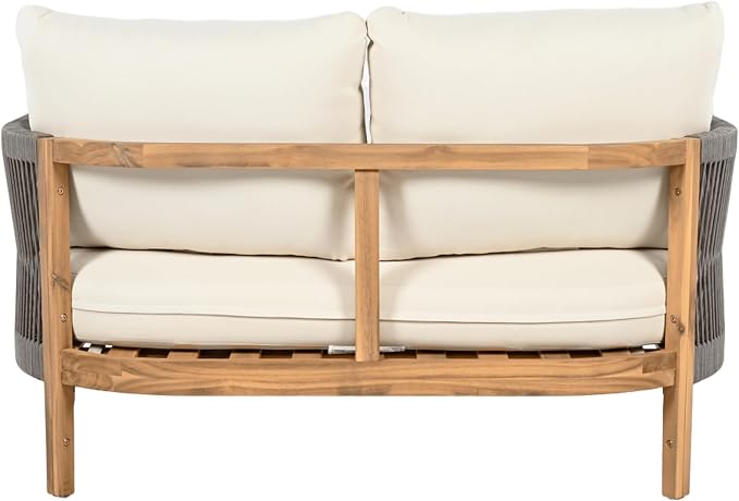 Christopher Knight Home Havets 2 Pieces Conversation Set, Acacia Wood Loveseat and Coffee Table Set, Woven Rope Armchair, Slats Panel End Table, 6" Thick Cushion Couch for Backyard Garden, Gray+Beige
