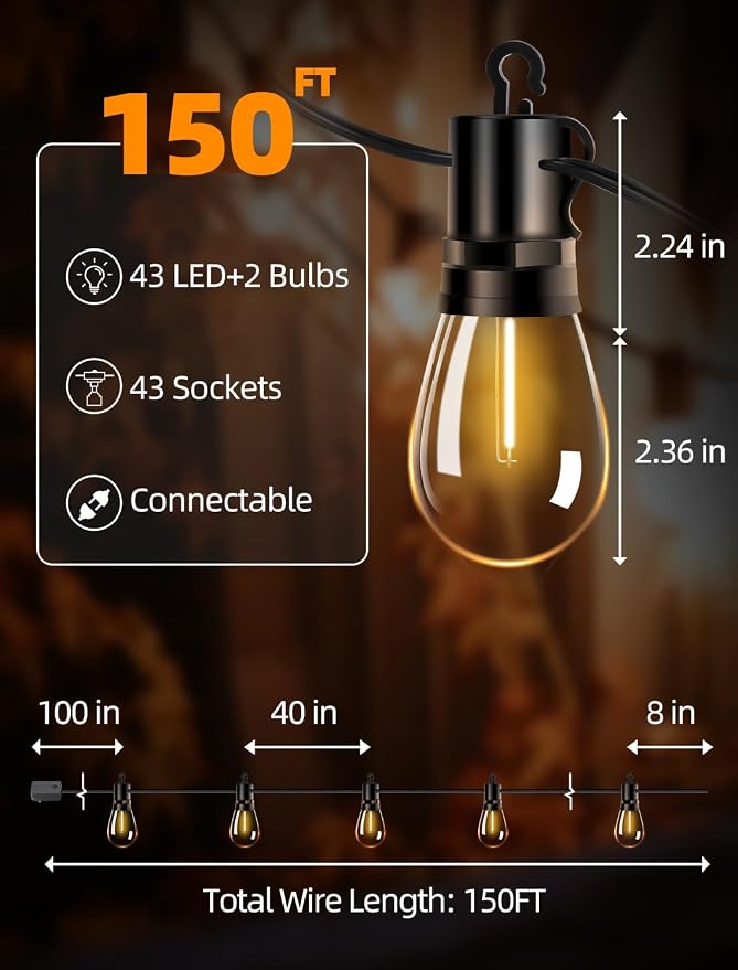 Outdoor Patio String Lights: S14 Shatterproof Bulb Outside Waterproof Light - 150FT 45M Remote Dimmable Connectable Hanging Outdoor Electric Lighting - Garden Backyard Yard Gazebo Porch Party