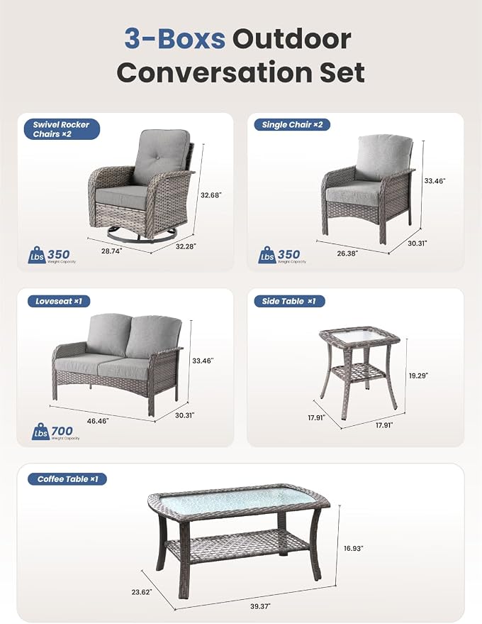 7-Piece Outdoor Patio Furniture Set with Swivel Chairs, Outdoor Conversation Wicker Sofa with Coffee Table, Rattan Couch for Deck Yard Poolside, Dark Grey