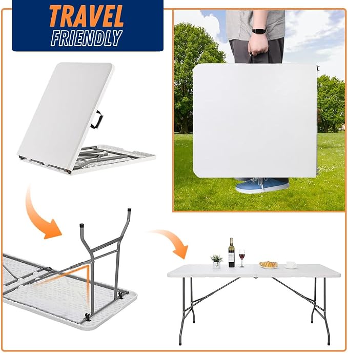 8FT Folding Table Indoor Outdoor Heavy Duty Portable Folding Plastic Dining Table w/Handle, Lock for Picnic, Party, Camping - White