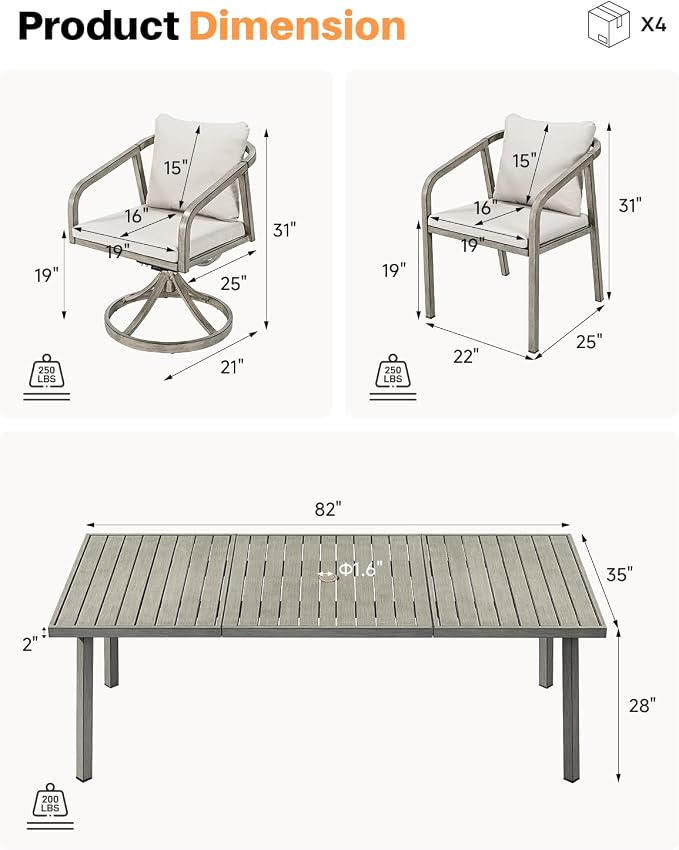 9-Piece Outdoor Dining Set, Never-Rust Aluminum Patio Dining Set with 2 Swivel Chairs, Patio Table and Chairs Set with Washable Cushions, Outdoor Furniture Set for Deck, Backyard, Gray Oak