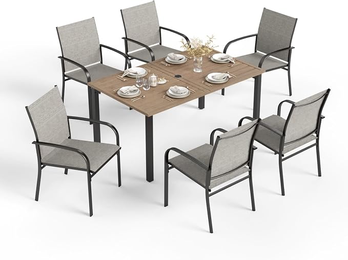 HERA'S HOUSE 7pc Patio Dining Set, Outdoor Wood-Like Metal Table & 6 Chairs | Brown textilene chairs + 60" rectangle table with umbrella hole. Waterproof, rust-resistant, all-weather for deck, garden