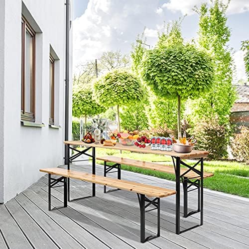 5.8FT Outdoor Dining Table and Bench Set, Set of 3, Portable Folding Picnic Tables and Chair, 3-Piece Patio Dining Set, Wood Outdoor 3-Piece Patio Counter Table Set with 2 Benches