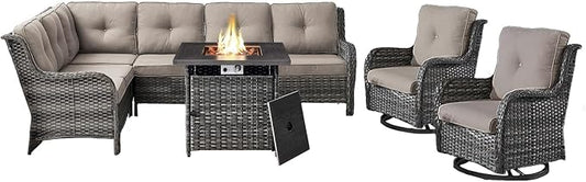 Belord Patio Furniture Set with Fire Pit Table, Outdoor Swivel Rocker Patio Chairs, Oversized Outdoor Sectional Couch, Two 3-Seater Sofas with Coffee Table, Ideal for Porch, Deck, Gray Wicker/Gray