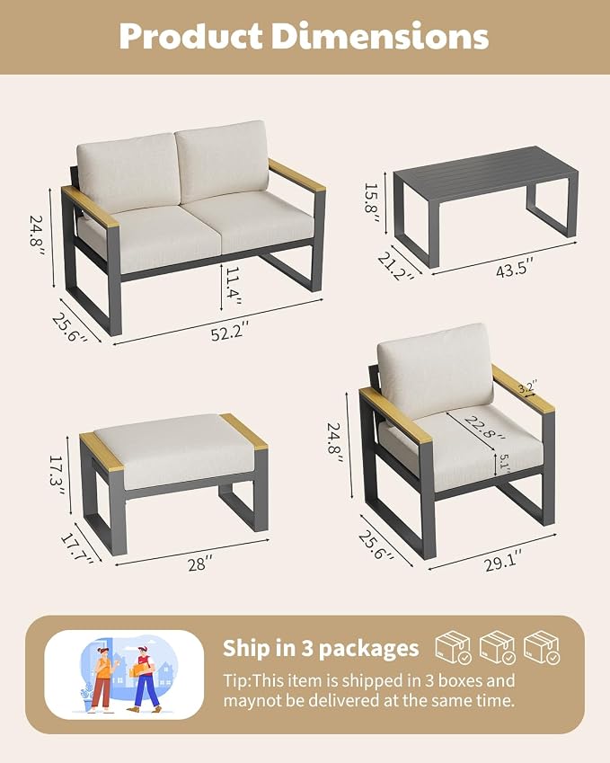 Aluminum Patio Furniture Armchair Set of 2, Metal Outdoor Chairs with Upgraded Cushions, All-Weather Outdoor Single Sofa for Balcony, Garden, Deck, Backyard, Beige