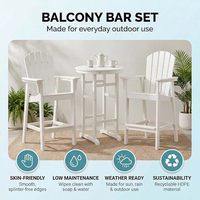 WILLIAMSPACE Height Patio Bar Table Set of 3, Outdoor Round Bar Table with Umbrella Hole, 2 Bar Stools with Cup Holders, 3-Piece All-Weather Outdoor Bistro Set for Kitchen Outside (White)