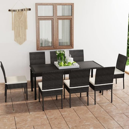 9 Piece Outdoor Patio Dining Set with Cushions, Black Poly Rattan Wicker Garden Table and 8 Chairs, Weather-Resistant Steel Frame for Lawn Backyard Porch Deck Entertaining