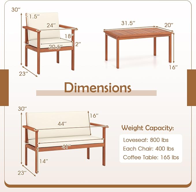 COSTWAY 4 Pieces Acacia Wood Conversation Set, Acacia Wood Porch Chairs with Table, Loveseat and Cushions, Outdoor Conversation Sofa Set for Garden, Balcony and Backyard