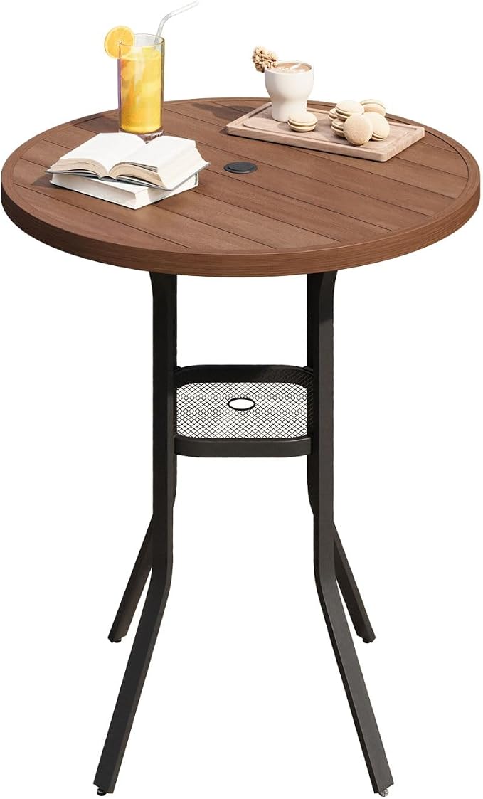 DIFY Patio Bar Height Table, 35.5" Round Outdoor Bistro Table with 1.57" Umbrella Hole for Poolside, Balcony, Pub and Garden, Walnut