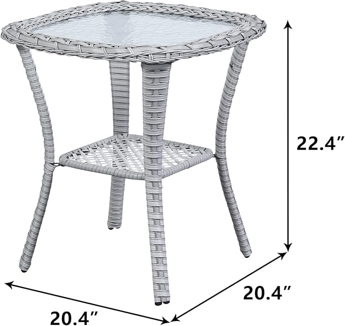 Outdoor Side Table Patio Tables - Wicker Coffee Table with Glass Top and 2-Shelf Storage Rattan End Table Square for Outdoor Patio Porch Deck Balcony Garden(Light Grey/Glass Top)