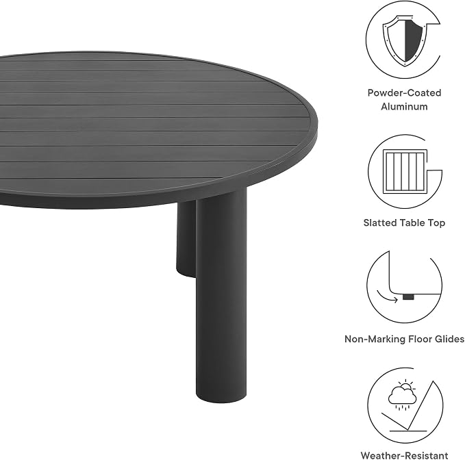 Modway Nautica 60 Inch Round Metal Outdoor Patio Dining Table in Graphite – Weather-Resistant Outdoor Dining Table for Patio, Balcony, and Garden – Modern Outdoor Dining Table for 4 People