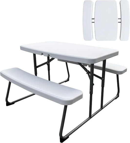 Elevon Folding Picnic Table with Benches, Outdoor Picnic Table HDPE Tabletop & Steel Frame, Ideal for Yard Patio Lawn Party, White