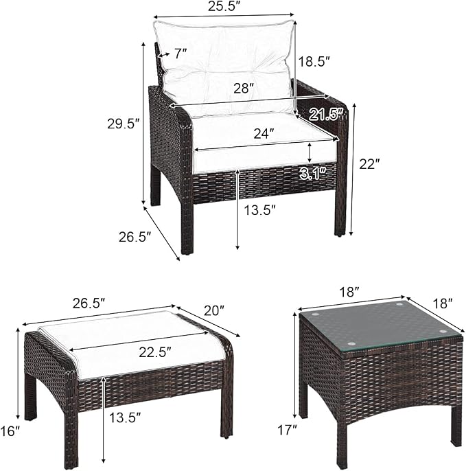 HAPPYGRILL 5PCS Patio Furniture Set Outdoor Rattan Wicker Conversation Set with Coffee Table Cushioned Sofas and Ottoman Chat Set for Garden Backyard