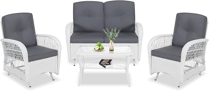 VIVIJASON 4-Piece Outdoor Patio White Wicker Conversation Sets, All Weather Rattan Furniture Set Includes Glider Loveseat, Coffee Table, 2 Glider Rocker Chairs w/Cushion for Lawn Balcony, Grey
